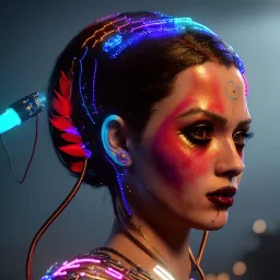 pretty cuba cyber woman, cold ambient, latex, cables, purpurin, blood, black, gold, piercings, brown, decorative color feathers, circuits, neon style, a lot of led lights, fog, rain, vibrant color, highly detailed, art stations, concept art, smooth, unreal engine 5, god rays, ray tracing, RTX, lumen lighting, ultra detail, volumetric lighting, 3d, finely drawn, high definition, high resolution.