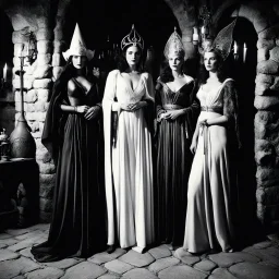 three sorceresses [high res photo of three women by Helmut Newton] in the flickering torchlight of the medieval tavern, three enchanting sorceresses stood side by side, their mystical auras shimmering with an otherworldly allure. Clad in flowing robes that accentuated their every movement, they exuded an air of command that silenced the rowdy patrons. Each of them possessed an undeniable presence, their gazes cutting through the haze of smoke and ale, demanding respect.