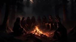 Friends gather around a blazing fire in the middle of the bloody night, where the flames speak the language of darkness and the pages of the history of the abandoned forest turn. The flames cast terrifying lights that shadow their faces, revealing a tension that suggests the scary stories that fill the night. Friends line up next to each other, surrounded by their echoes and the dark shadows of trees. Someone passionately tells a tragic story involving evil spirits and mysterious events in this