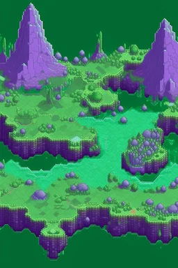 pixel art top down planet surface in 2d game, detailed level, mint green terrain, violet earth with plants and rocks