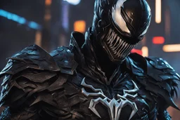 Venom Shredder in 8k solo leveling shadow artstyle, reaper them, close picture, rain, Shredder helmet, neon lights, intricate details, highly detailed, high details, detailed portrait, masterpiece,ultra detailed, ultra quality