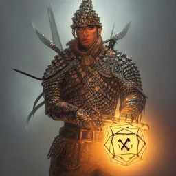 Insanely detailed photograph of a D&D chainmail warrior “male mariachi holding glowing D20” with intricate detailed Sombrero, intricate charo, hyperdetailed painting by Ismail Inceoglu Huang Guangjian and Dan Witz CGSociety ZBrush Central fantasy art album cover art,8K, hdr, mysterious, flickeringlights ,Stoic