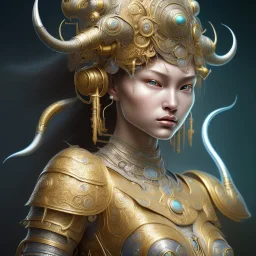 Sango fantasy, fantasy magic, intricate, sharp focus, illustration, highly detailed, digital painting, concept art, matte, art germ and Paul Lewin and Kehinde Wiley, masterpiece silver elephant head bronze Buddha Asian African girl nice breast Hawaiian hair turquoise golden waves