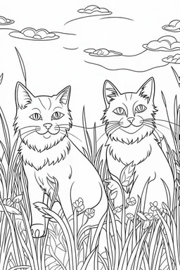 coloring page for kids, Cats in the grass, cartoon style, thick lines, low detail, no shading