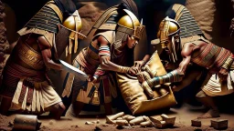 Pharaoh soldiers tear open leather bags with knives and take them out