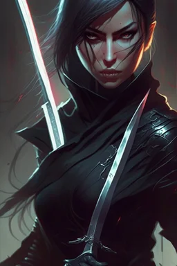 a woman in a black outfit holding a sword, concept art | artgerm, beautiful female assassin, snake assassin, ninjala, greg rutkowski and artgerm, 2. 5 d cgi anime fantasy artwork, cyberpunk assassin, female assassin, marc brunet, portrait ninja gaiden girl, anime fantasy artwork, kunoichi