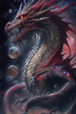 an imposing and magnificent ancient chinese space dragon::7 roaming in the universe,in action,in the form balerion the dread,the one true dragon god,crimson red eyes,bloodlust,gray scales,full body view portrait ,starry and cosmical background,ornated,vibrant colours,by ross tran,landscape by brian froud,digital art,insanely detailed,trending on art station,symetrical,sharp teeth,sharp focus,key visuals,dusty,black halo in backgorund::4, radiant light,dark fantasy,god rays,atmospheric,macabre,da