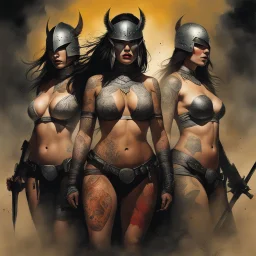 [art by Dave McKean and Katie Kush & Kenna James] Rebirthing undies two gorgons armoured female warriors covered with tattoos ready to fight on the battlefield under dust and blood