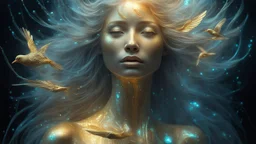 embossed, The photograph is done in a bioluminescent art style depicting a divine woman, bird, embossed, bird, Bioluminescent wet translucent glowing skin, ethereal glowing eyes, long neck, bird, perfect face in ultra-realistic details, gold, flowing hair, The composition imitates a cinematic film with dazzling, golden and silver lighting effects. Intricate details, sharp focus, crystal clear skin create high detail. 3d, 64k, high resolution, high detail, computer graphics, hyperrealism, f/16, 1