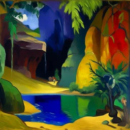 A violet canyon with a cave painted by Paul Gauguin