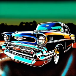 Detailed illustration of a [1957 Chevy], metallic body in [black], with subtle rust spots and faded paint details. The car is parked, chrome accents and custom wheels catching the light. The background shows [drag strip], with a [SKY GRADIENT COLORS]. The style is cinematic, bold, and vibrant, masterpiece digital painting with high detail and game-art inspired realism.