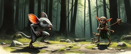 rat gremlin elf halfling pixie runner, airbrush and pen outline, realistic 3d rendering with high contrast forest background