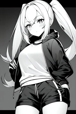 blonde girl with ponytails dressed in a jacket and shorts walks briskly, greyscale