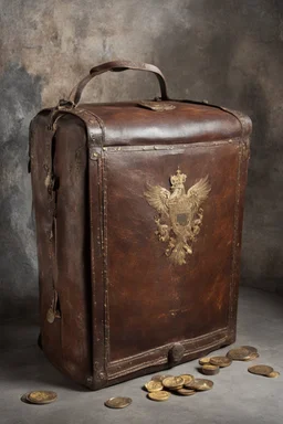 in the BASEMENT there is an old, broken brown oblong leather chest with short handles, with a hole on the side, gold coins from the time of Catherine the Great fall out of it. The ancient coat of arms of tsarist Russia, the double-headed eagle, is BARELY VISIBLE on the bag. All in high quality 8K