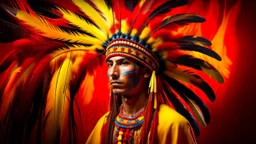 Native American man wearing a traditional headdress with colorful feathers, standing in front of a vibrant, abstract background with geometric shapes and patterns in warm tones of red, orange, and yellow