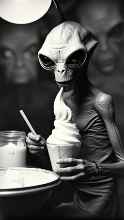 An old picture style of black and white mono very bad quality looks very old camera picture of alien eating Ice cream, year 1900