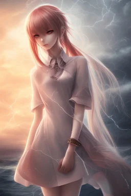 3d Anime beautiful girl in stormy surrounding