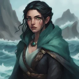 portrait; dungeons and dragons; human; female; warlock; the fathomless; shoulder length black hair; braids; sea green eyes; cloak; scars; young; sea clothes; kelpie; ocean water