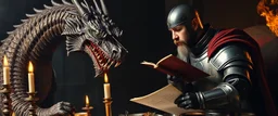 close up portrait painted by Rembrandt, dragon in chains and knights armor holding speech at burning dinner table