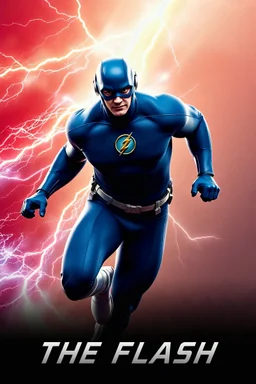 1/4 side view, looking at the viewer, Movie Poster - "THE FLASH" - A massive, thick, extremely muscular, 7'8" tall man, ((skintight, formfitting, long-sleeved, Blue spandex bodysuit:1.5)), ((Silver knee-high boots:1.5)), ((Silver wrist gauntlets, blue fingerless gloves, silver, double holstered utility belt:1.5)), ((skintight, formfitting, blue spandex helmet with blue eye disguise,:1.5)), Running, multicolored lightning emanating from his body, an overly exaggerated muscular stature