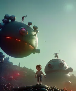 cute boy climbed on top of a fat robot, Ultra realistic, retro futuristic style, wide angle view, soft color, highly detailed, unreal engine 5, ray tracing, RTX, lumen lighting, ultra detail, volumetric lighting, 3d, finely drawn, high definition.