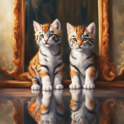 In a world full of fantasy, a little kitten stands in front of a mirror. In place of his own reflection, a majestic tiger appears. The little cat's eyes are wide in awe as she beholds the majesty of the tiger. Details like lush fur, bright orange stripes, and the tiger's intimidating gaze in the mirror create a sharp contrast to the kitten's delicate and innocent appearance Leica Q2 with Summilux 3 Photo