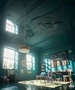 Ultra Realistic Room image with big sweet monster, Kandinsky artist style, highly detailed, unreal engine 5, RTX, ultra detail, volumetric lighting, finely drawn, high definition, high resolution.