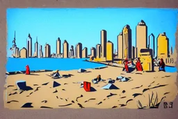 Sunny day, people, rocks, sand, distant modern city, stencil painting with color