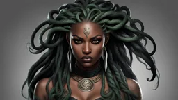 Character design, female, woman, medusa, dreads, dark skin, fantasy, angry, shoulder snake tattoo
