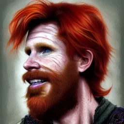 Portrait of Courtney Gains as a ruggedly handsome but joyful roguish pirate, charismatic, attractive male, masculine, perfect, precisely detailed, lightly freckled face, meticulously detailed multi-hued ginger carrot colored cherry fire red hair; Malachai of the corn; fantasy, intricate, elegant, highly detailed, digital painting, artstation, concept art, matte, sharp focus, illustration, art by artgerm and greg rutkowski and alphonse mucha