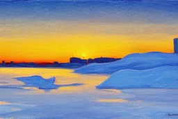 Sunset, winter, Futuristic buildings in the ice, impressionism painting