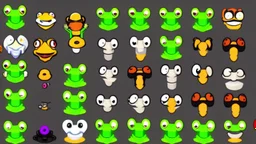 game sprite sheet of 30 images of stylized frog, view from six different angles covering 360°, collection sheet, arcade game, realistic