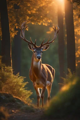 Ultra realistic 4k detailed fallow deer in a beautiful forest at the sunset, . 8k, hyper quality, dynamic lighting