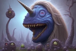 ultra realistic cartoon fat unicorn, derpy eyes, droopy tongue, fangs, slime, lesions, lowbrow surreal, dark shading, horror lighting, tentacles, dave dorman, simpsons drawing, 8k, hdr, intensely detailed, alex grey