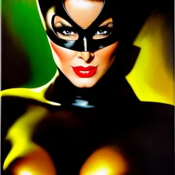 portrait oil on canvas, beautiful busty Catwoman,green eyes, ,minimal armor,comic book cover, mystical colors,insanely detailed,realistic,intrincate detail, 16k resolution, masterpiece,Frank Frazetta,Alex Horley, Simon Bisley