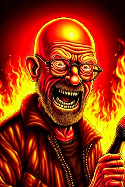 Firestarter animateur radio hardrock with a microphone. He has no hair. He has a thin beard. He has glasses. He's about 50 years. Seems angry. Flames all around him. He wears a sweat shirt of iron maiden.