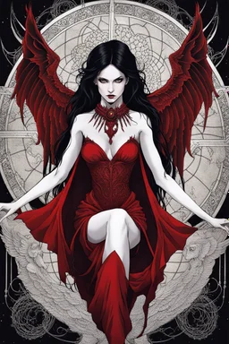 Daughter of Lilith, beautiful, wild woman, stunningly terrifying and powerful personality, stunning demonic woman with black wings in a red dress, long, dark hair with suggestive dark eyes, wonderful, ancient woman, a demonic woman who controls with her strength, power, sharp focus, high detailed, high realistic, master photo, pale lights, deep night, eerie atmosphere, gothic, dark mystic atmosphere, stunning, masterpeace, cinematic