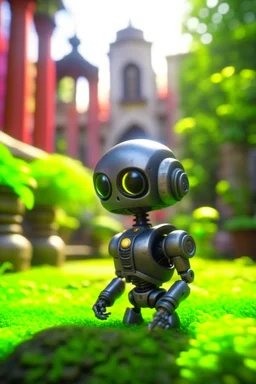 adorable cute chat priest robot with short punk hair and real human eyes, in garden of st. Barbara cathedral, its such a perfect day, motion blur, smoke, 8k, downlight, soft light, depth of field, photorealism, trending on art station, lotsa detail