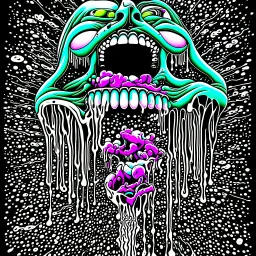 Surreal digital illustration of only a floating mouth that is puking out a psychedelic lovesick hearts covered in spit, spilling from the large pair of cartoonist , Camilla d'ericaoverexaggerated lips, manga inspired, absurdist, postmodern, only black and grey color palette, crude, fluid acrylic paint, epoxy resin , acrylic pour, unusual colors, trippy, gross, abstract, pulp fiction art style illustration, behance, grotesque, lovesick,