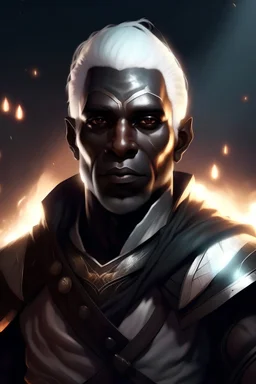 fantasy african male black half orc cleric with glowing scars and streaked white and black hair surrounded by twilight