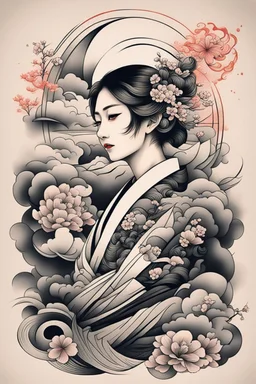 Create a captivating modern 2d Japanese tattoo design for print , using the elegant influences of japan art style, for print, dynamic elements from fashion and design, and bold Japanese art aesthetics, framing centered in the center, distanced from the edges of the paper perimeter, perfect anatomy, bauhaus, Divine Proportion,