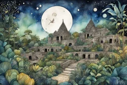 random watercolor Zentangle patterns in the styles of Gustav Klimt ,Wassily Kandinsky, Alphonse Mucha, and Kay Nielsen that depicts the crumbling ruins of an ancient Mayan city, obscured by the overgrowth of the Yucatan jungle, bathed in moonlight, with fine ink outlining