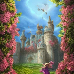 Epic Castle into sky, with flowers. Huge clouds and birds. Shy running girl going out of the main gate. Detailed painting, sharp color, medieval, intricate detail, far sceen, realistic colors, medieval concept art. Spring. Burning fire, flames onside.