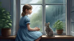 A young girl with her hair in a bun sits on a windowsill, looking out at the rain. She is wearing a light blue dress and her legs are crossed. A tabby cat sits next to her, also looking out the window. The windowsill is made of wood and there is a basket of plants to the right of the cat. The window is large and divided into panes, with rain streaking down the glass. The walls are made of brick and there is a wooden floor. The overall mood is one of quiet contemplation and melancholy.