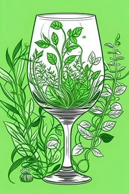 line art of lush greenery that vines up a cocktail glass on one side and from the base of the glass