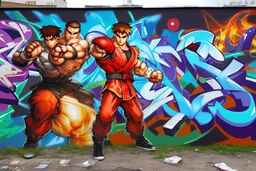 a graffiti mural wall with the word cell street fighter 6 style