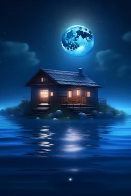 Create digital arts of house in the sea and Moon is shining and lights are glow on the surrounding