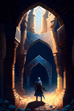 A huge arabian mosaic dungeon being explored by a solitary heroic knight