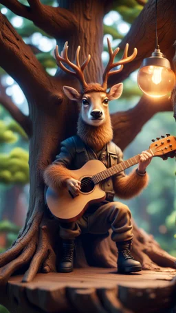 portrait of hairy rock guitar ninja deer living inside a tree house in a hollow huge tree growing light bulbs,bokeh like f/0.8, tilt-shift lens 8k, high detail, smooth render, down-light, unreal engine, prize winning