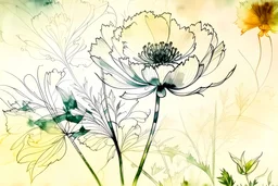fotografía en doble exposición de la flor de irupe en primer plano, inkwash and watercolor,